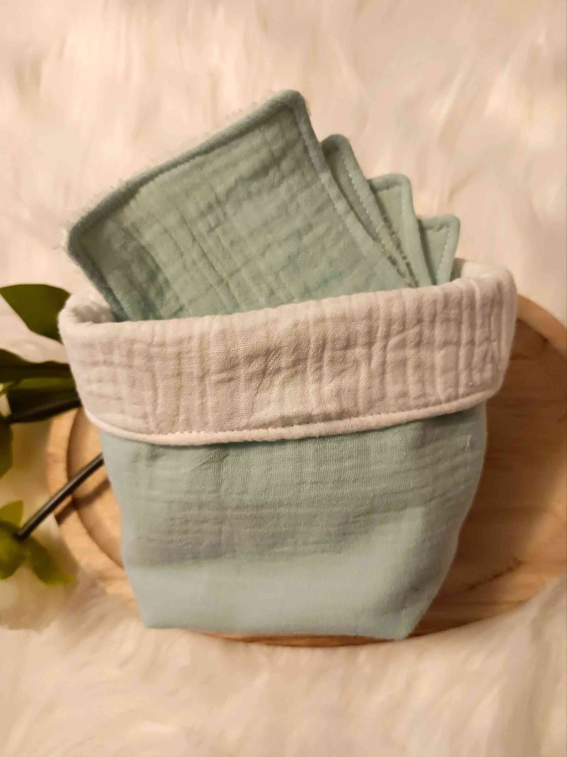 Lingettes lavables + panier en double gaze Vert d'eau (en stock)