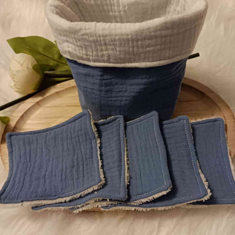 Lingettes lavables + panier en double gaze Bleu océan (en stock)