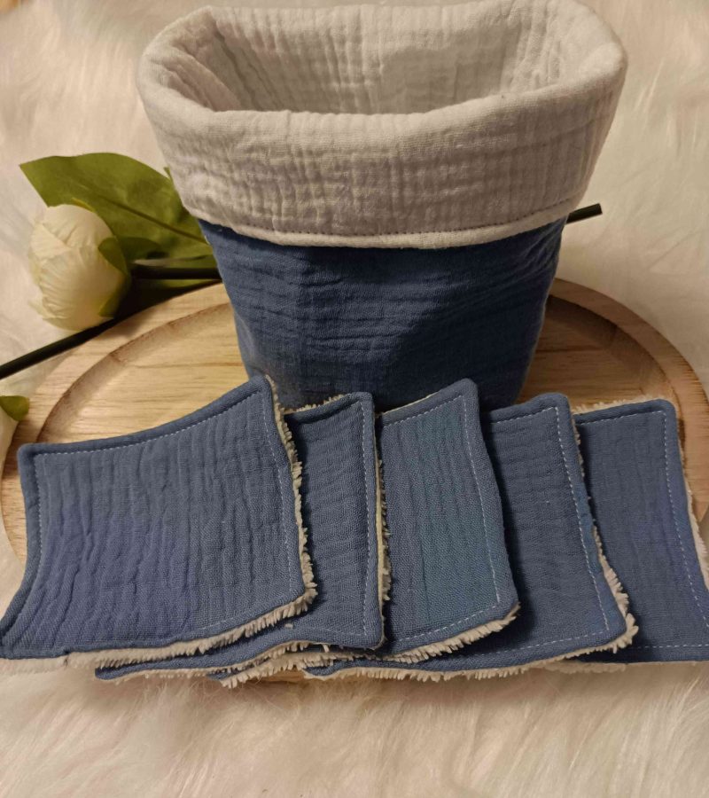Lingettes lavables + panier en double gaze Bleu océan (en stock)