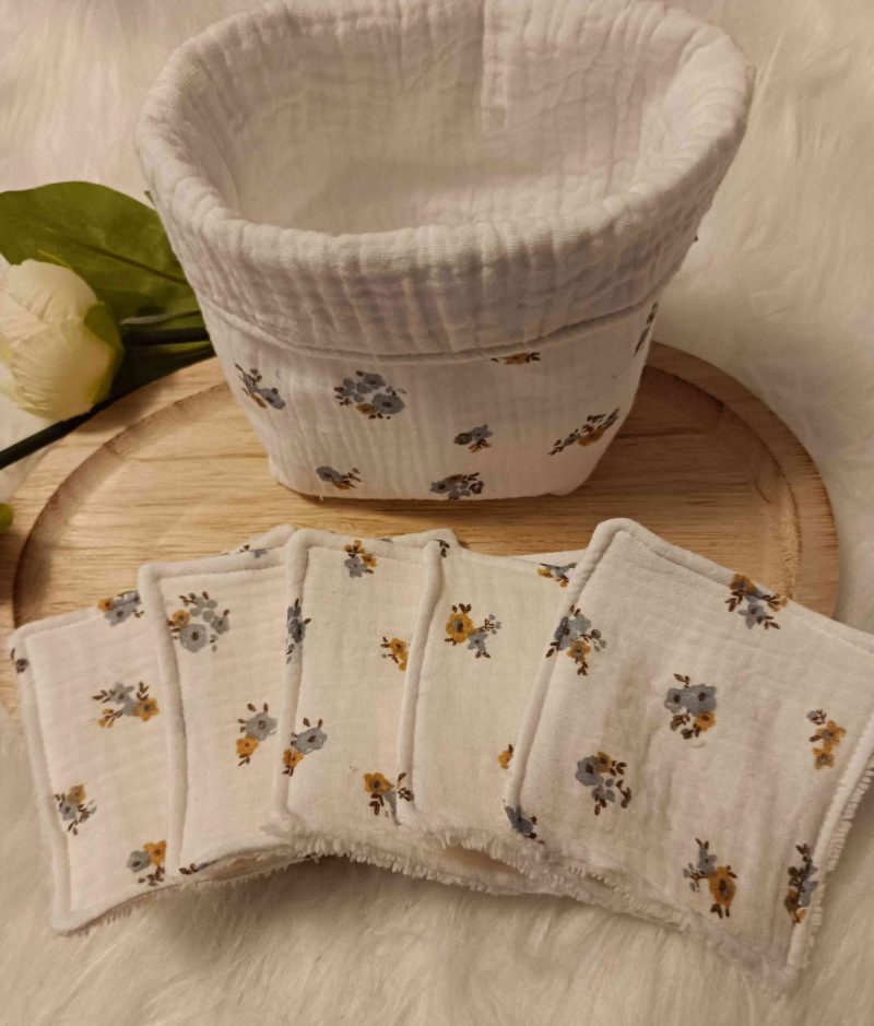 Lingettes lavables + panier en double gaze Fleuri (en stock)