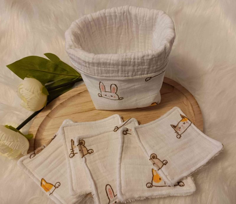 Lingettes lavables + panier en double gaze Animaux (en stock)