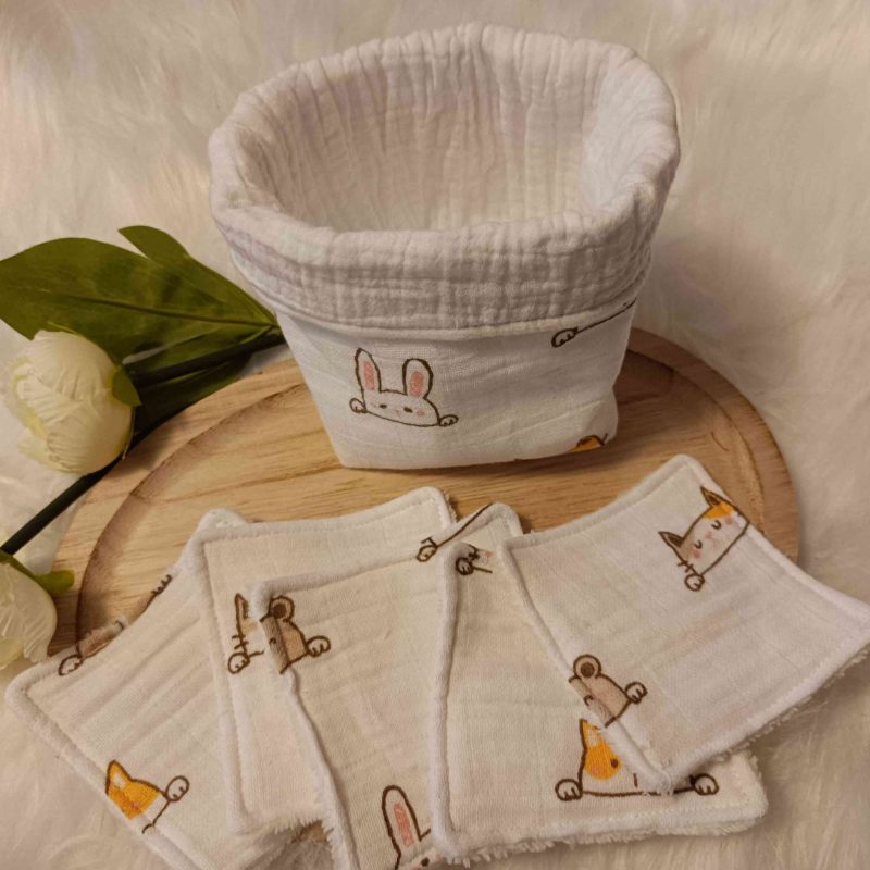 Lingettes lavables + panier en double gaze Animaux (en stock)