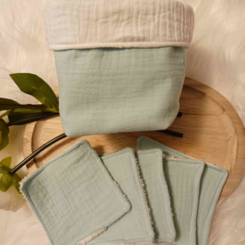 Lingettes lavables + panier en double gaze Vert d'eau (en stock)