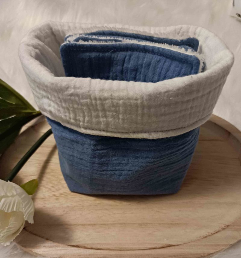 Lingettes lavables + panier en double gaze Bleu océan (en stock)